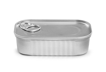 Closed fish or food tin can isolated on white background
