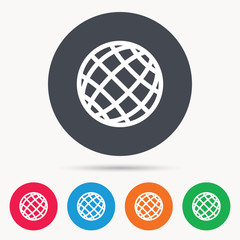 Globe icon. World or internet symbol. Colored circle buttons with flat web icon. Vector