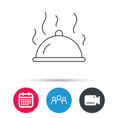 Fototapeta premium Restaurant cloche platter icon. Hot food sign. Group of people, video cam and calendar icons. Vector