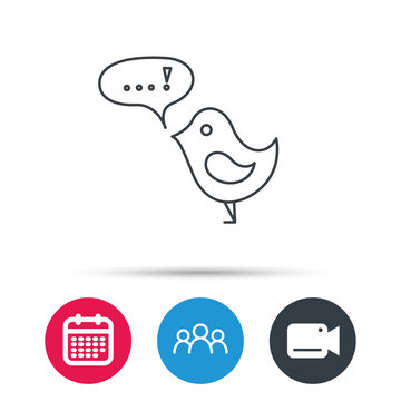 Bird with speech bubble icon. Chat talk sign. Cute small fowl symbol. Group of people, video cam and calendar icons. Vector