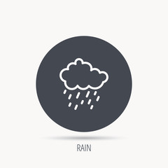 Rain icon. Water drops and cloud sign. Rainy overcast day symbol. Round web button with flat icon. Vector