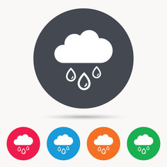 Cloud with rain drops icon. Rainy day symbol. Colored circle buttons with flat web icon. Vector