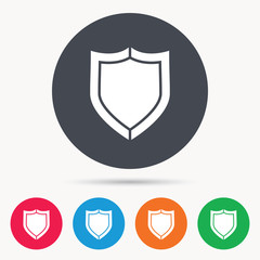 Shield protection icon. Defense equipment symbol. Colored circle buttons with flat web icon. Vector