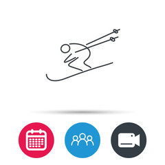 Skiing icon. Skis jumping extreme sport sign. Speed competition symbol. Group of people, video cam and calendar icons. Vector