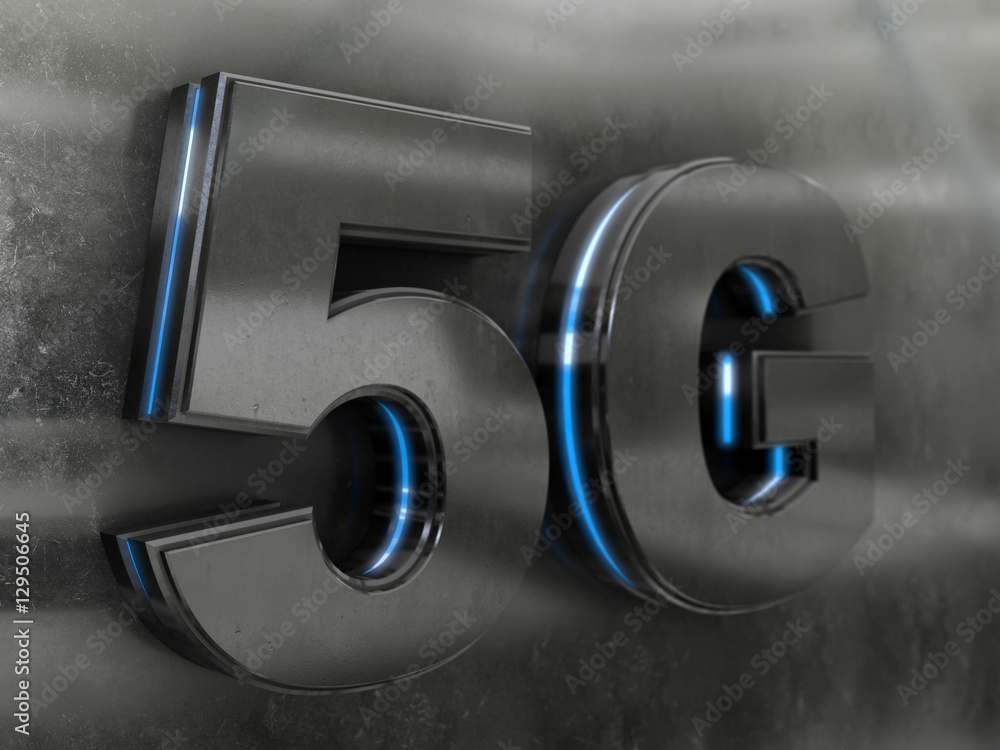 Poster 5g technology symbol with blue neon light 3d rendering with depth of field