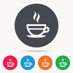Tea cup icon. Hot coffee drink symbol. Colored circle buttons with flat web icon. Vector