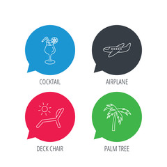 Colored speech bubbles. Airplane, deck chair and cocktail icons. Palm tree linear sign. Flat web buttons with linear icons. Vector