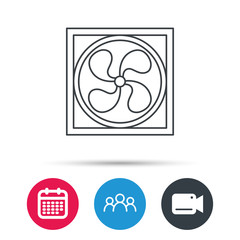 Ventilation icon. Fan or propeller sign. Group of people, video cam and calendar icons. Vector