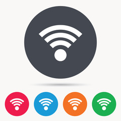 Wifi icon. Wireless internet sign. Communication technology symbol. Colored circle buttons with flat web icon. Vector