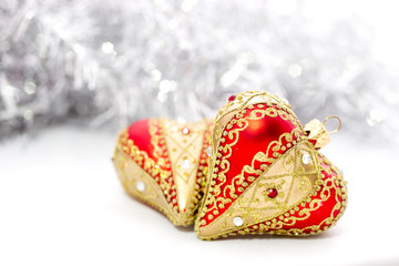 Closeup of red Christmas balls heart