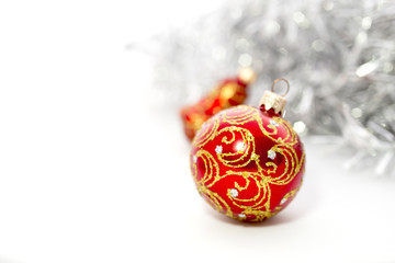 Closeup of red Christmas balls heart