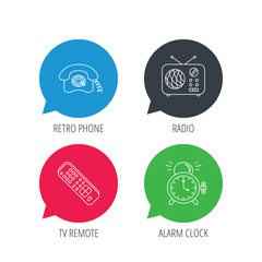 Colored speech bubbles. Retro phone, radio and TV remote icons. Alarm clock linear sign. Flat web buttons with linear icons. Vector