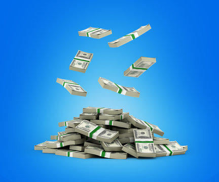 Stack of money american dollar bills falling into a pile on blue