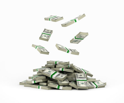 Stack of money american dollar bills falling into a pile 3d rend