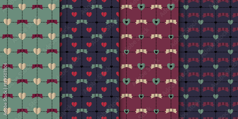 Poster set of 4 elegant seamless patterns with hearts and ribbon bows. romantic patterns for wedding invita