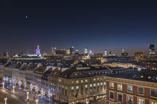 Warsaw downtown during the night in winter time, Poland