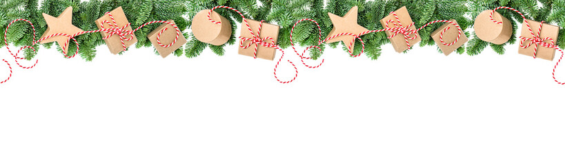 Christmas decoration gift boxes Pine branches border banner