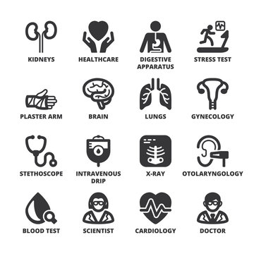 Medical specialties. Healthcare flat symbols. Black