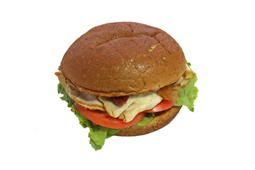 Turkey club sandwich on a bun tomatoes lettuce
