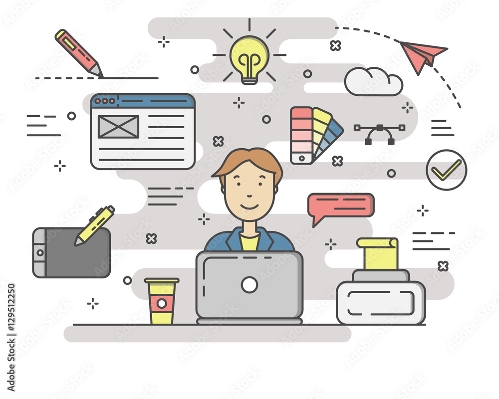 Poster vector thin line flat style banner with design process concept