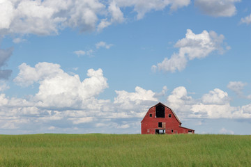 old abandoned red barn sitting in a field of green grass under a blue sky filled with white clouds
