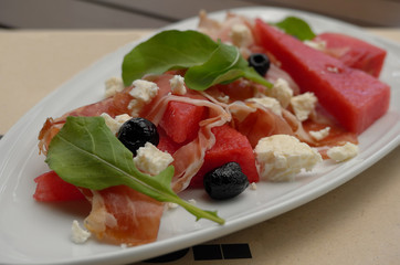 Close up of ham and fruit salad. Selective focus.
