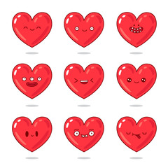 Cute and funny red hearts with different emotions