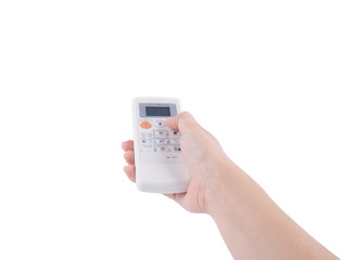 hand with air conditioner remote control isolated on white