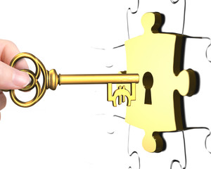 Hand with Euro sign key open lock puzzle piece