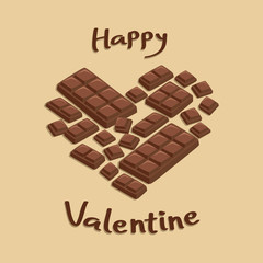 Valentines Milk Chocolate Bar pieces forming heart shape greeting card vector illustration
