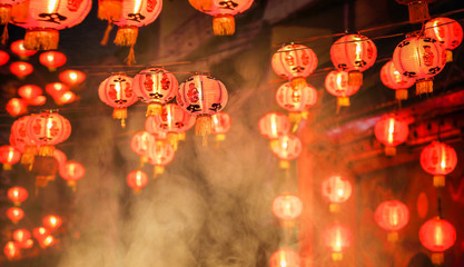 Chinese new year lanterns in chinatown, firecracker celebration - obrazy, fototapety, plakaty
