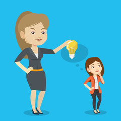 Business woman giving idea bulb to her partner.