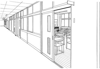 漫画風ペン画イラスト　学校廊下