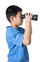 Asian Chinese little boy holding binoculars in isolated backgrou