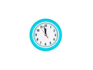 Blue wall clock on the white background, twelve o'clock