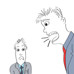 Hand drawn illustration of angry boss shouting at employee