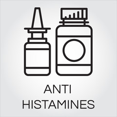 Two medical bottles antihistamines. Black icon in outline style