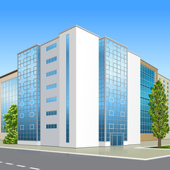 office building with the entrance and a reflection