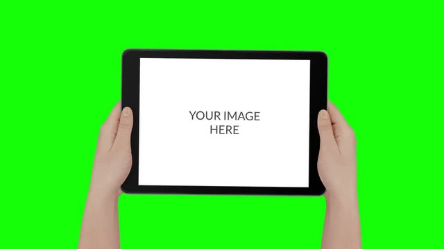 6 tablet and mobile phone shots. Green Screen. Female hand. Black devices.
