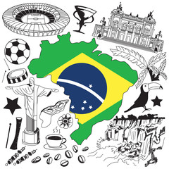 Travel to Brazil doodle drawing icon. Doodle with culture, costume, landmark and cuisine of Brazil tourism concept in isolated background, create by vector  