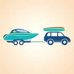 Yacht on a trailer. Surfboard. Vecor illustration
