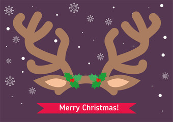 Antlers of a reindeer on a dark background with snowflakes and inscription - Merry Christmas!