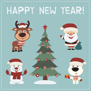 Happy New Year! Set characters: Santa Claus, reindeer, snowman, polar bear and christmas tree.