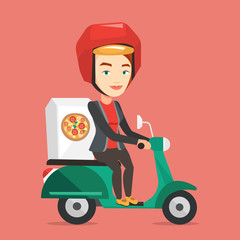 Woman delivering pizza on scooter.