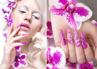 Beautiful girl with art make-up, flowers, curls and long nails. Manicure design. The beauty of the face. Photos shot in studio