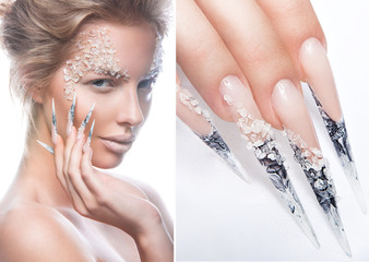 Beautiful fashion model with long nails, creative makeup and manicure design. Beauty face art....
