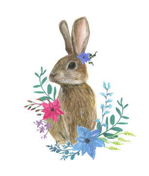 Watercolor painting funny rabbit. Baby animal with floral composition