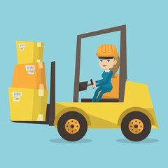 Warehouse worker moving load by forklift truck.