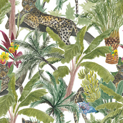 Aquarellmalerei Musterdesign tropisch, Palmen, Bananen, Ananas. Tropischer Garten mit Leoparden
