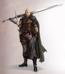Fototapeta premium Ilustracja kreskówka postać męskiego wojownika fantasy z mieczem i strzelbą. Projekt postaci z myśliwego i wojownika w koncepcji fantasy fikcji.